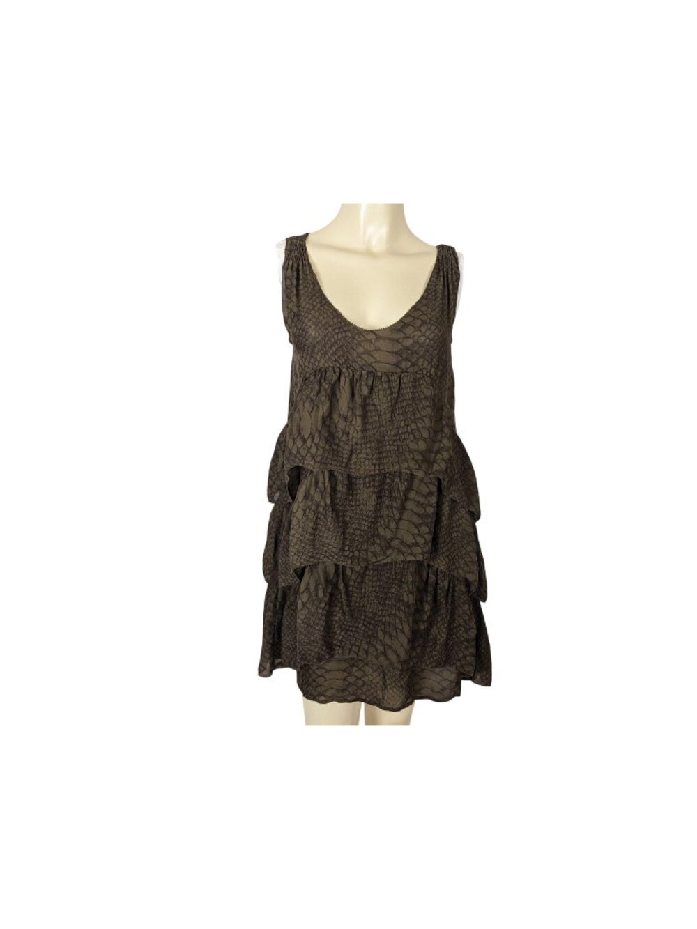 Joie silk sleeveless summer ruffled tiered brown snakeskin print dress sz S